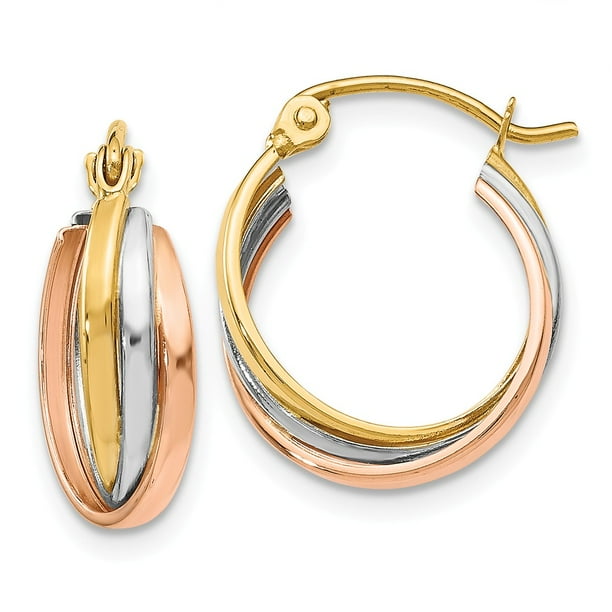 6mm x 21mm Solid 14k Gold Tri-color Polished Post Hoop Earring 6mm x 21mm Solid 14k Gold Tri-color Polished Post Hoop Earring